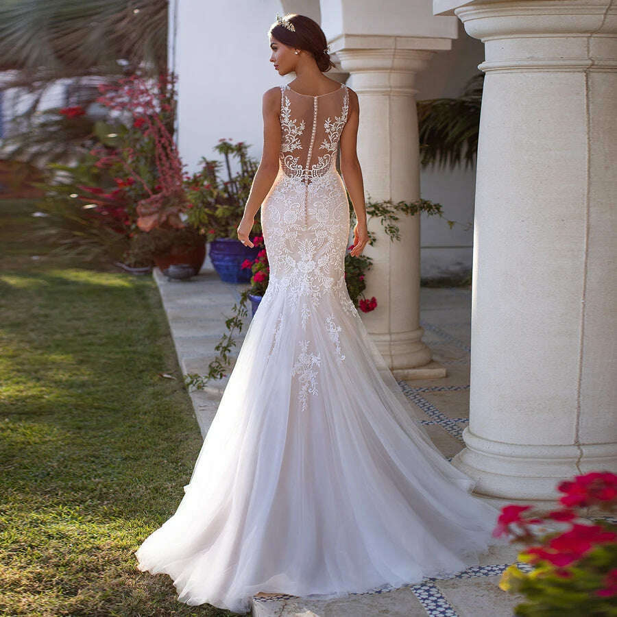 KIMLUD, Charming Mermaid Wedding Dresses Bridal Gown Spaghetti Strap Beading Applique Illusion Back Robe De Mariage  Dress, KIMLUD Women's Clothes