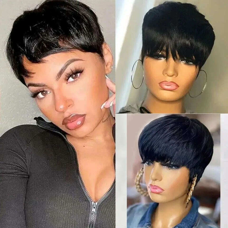 KIMLUD, Cheap Short Straight Bob Wig Human Hair Wigs For Women With Bangs Natural Black Red Glueless Machine Pixie Cut Wigs Human Hair, As Photo, KIMLUD Womens Clothes