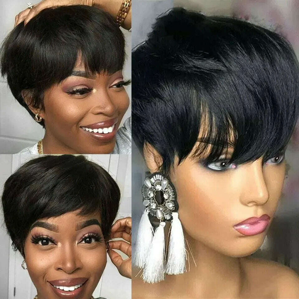 KIMLUD, Cheap Short Straight Bob Wig Human Hair Wigs For Women With Bangs Natural Black Red Glueless Machine Pixie Cut Wigs Human Hair, KIMLUD Womens Clothes