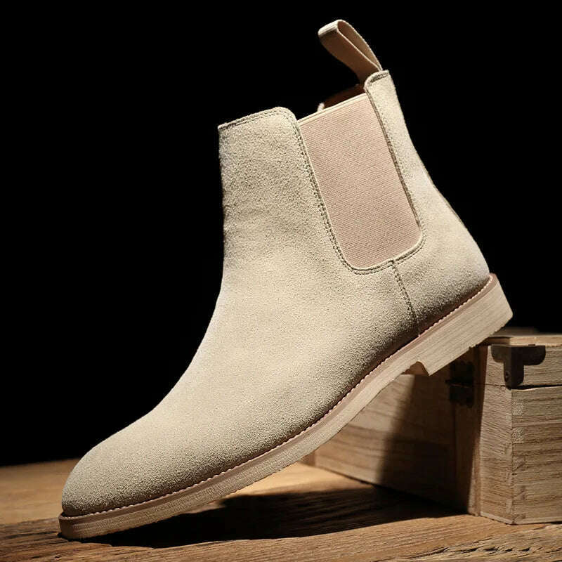 KIMLUD, Chelsea Men Boots  Pointed Head Cuff Suede Low Heel Low Top Casual Fashion Comfortable Business Handmade Men Shoes, Beige / 38, KIMLUD Women's Clothes