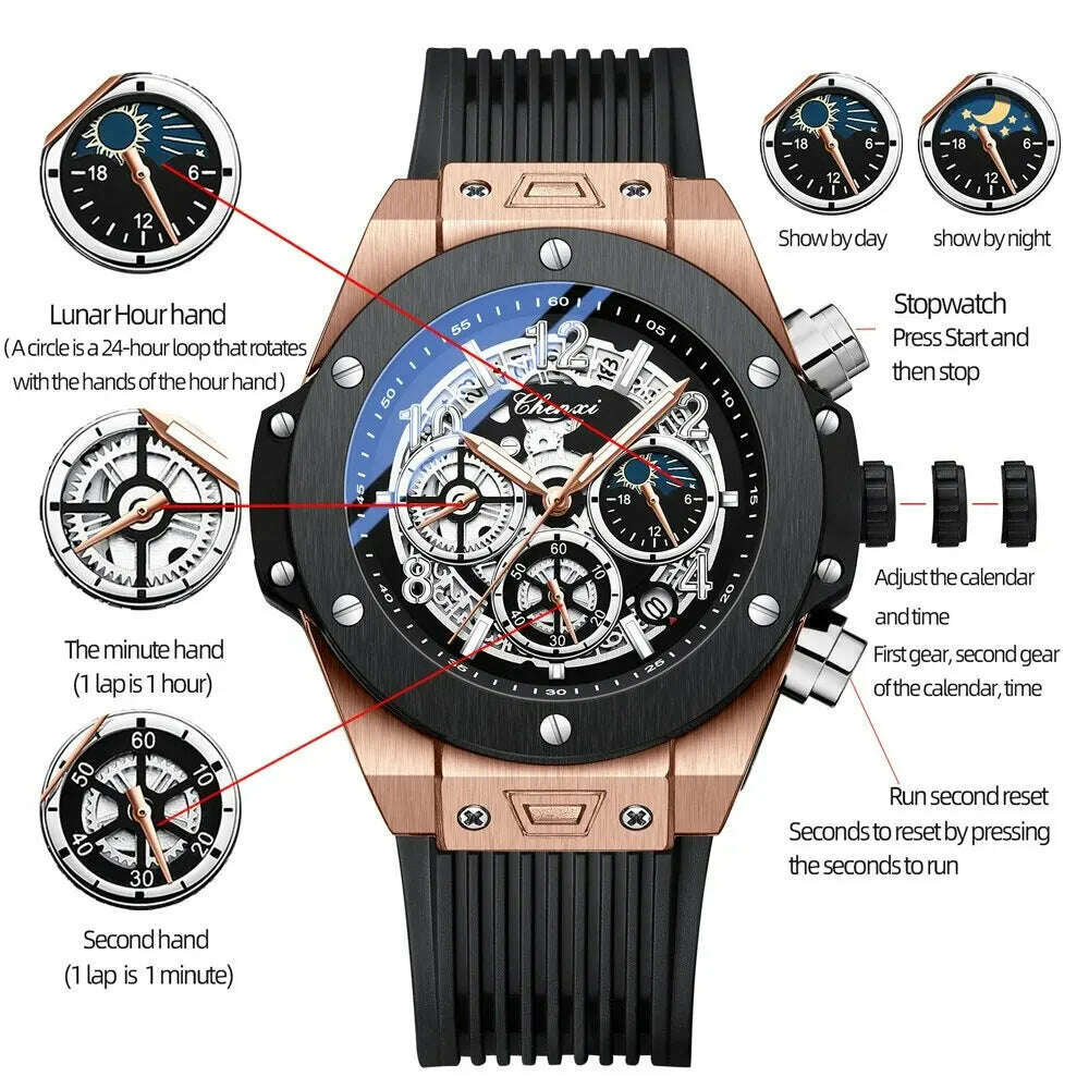 CHENXI Fashion Silicone Chronograph Watch Men Multifunctional Cool Luminous Quartz Starry Lunar Phases Timing Sport Wristwatches - KIMLUD