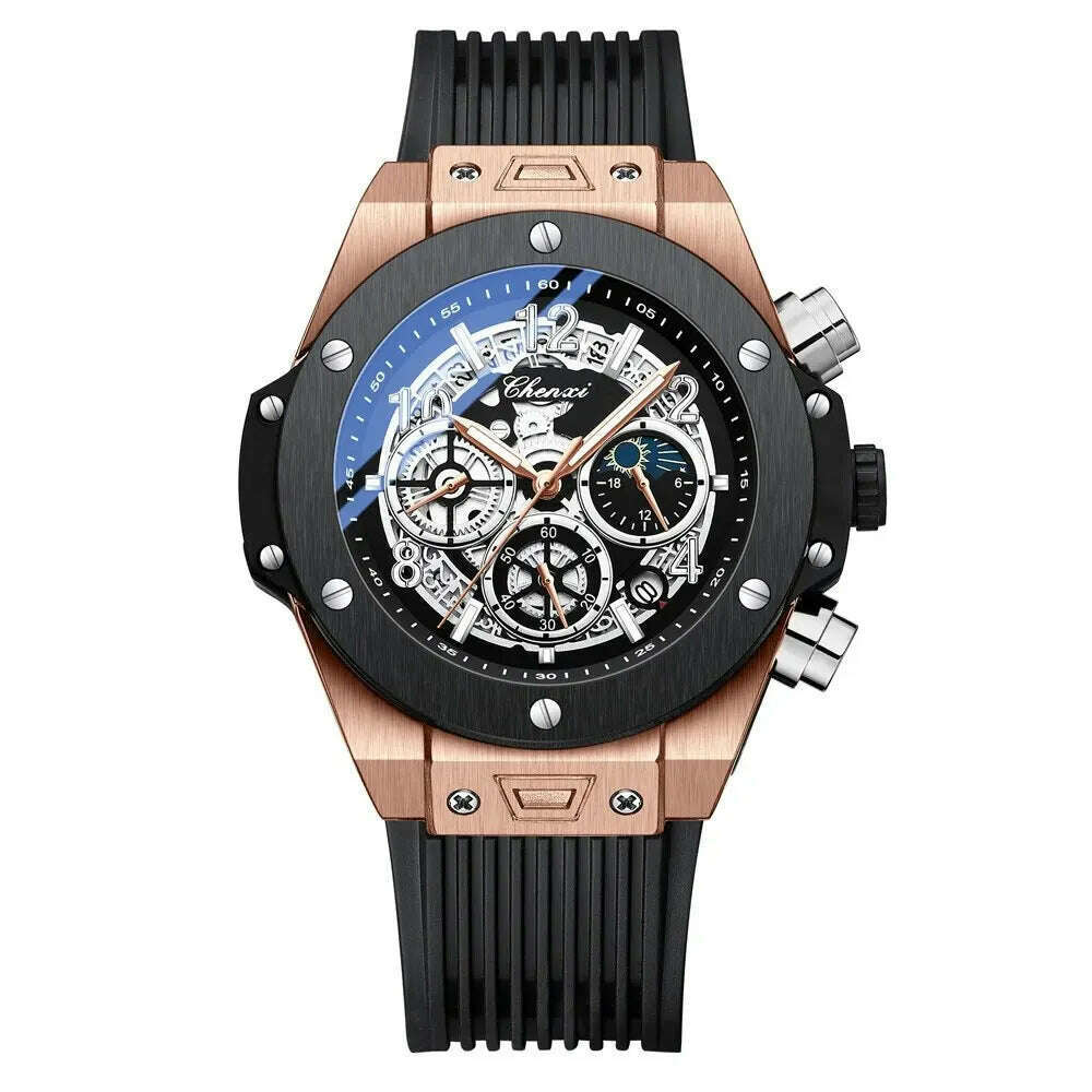 CHENXI Fashion Silicone Chronograph Watch Men Multifunctional Cool Luminous Quartz Starry Lunar Phases Timing Sport Wristwatches - KIMLUD