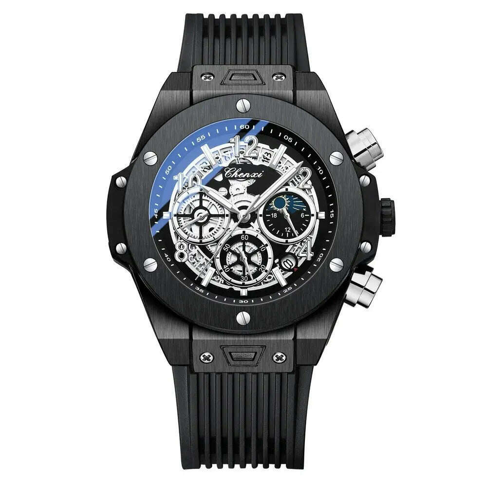 CHENXI Fashion Silicone Chronograph Watch Men Multifunctional Cool Luminous Quartz Starry Lunar Phases Timing Sport Wristwatches - KIMLUD