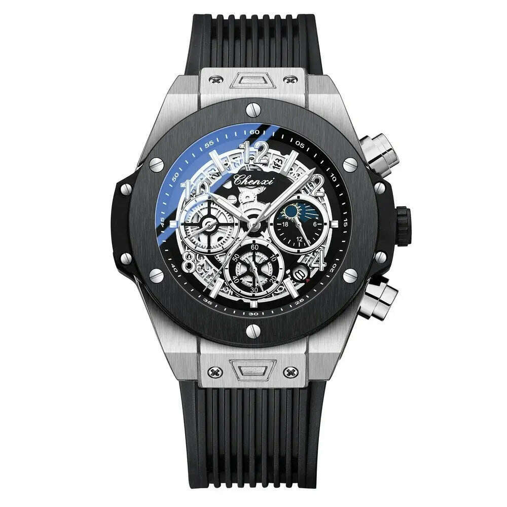 CHENXI Fashion Silicone Chronograph Watch Men Multifunctional Cool Luminous Quartz Starry Lunar Phases Timing Sport Wristwatches - KIMLUD