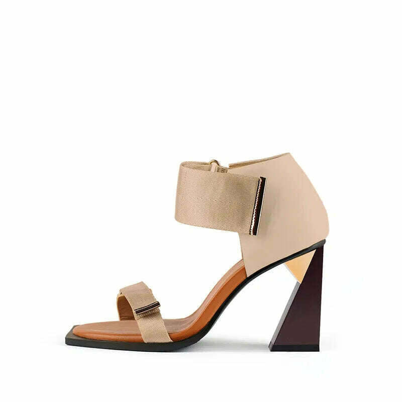 KIMLUD, Chic Apricot Leather Women Summer Sandals Ins Design Strap Buckle Dress Work Stilettos Wine Red High Heels Lady Sandalias Femmes, apricot / 34, KIMLUD Womens Clothes