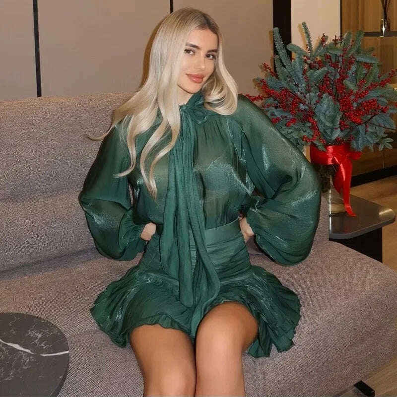 KIMLUD, Chic Bow Top Mini Skirts Sets Women O-neck Long Lantern Sleeve Blouses High Waist Pleated Skirt Spring New in Matching Suit, KIMLUD Womens Clothes