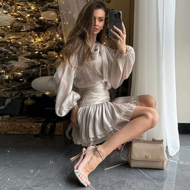 KIMLUD, Chic Bow Top Mini Skirts Sets Women O-neck Long Lantern Sleeve Blouses High Waist Pleated Skirt Spring New in Matching Suit, KIMLUD Womens Clothes