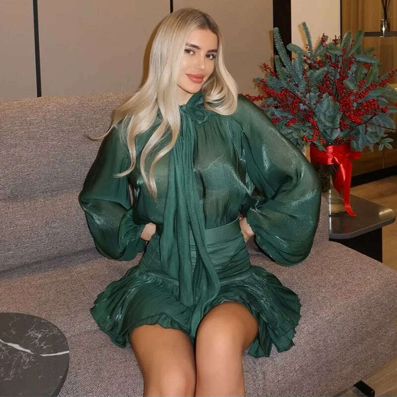 KIMLUD, Chic Bow Top Mini Skirts Sets Women O-neck Long Lantern Sleeve Blouses High Waist Pleated Skirt Spring New in Matching Suit, KIMLUD Womens Clothes