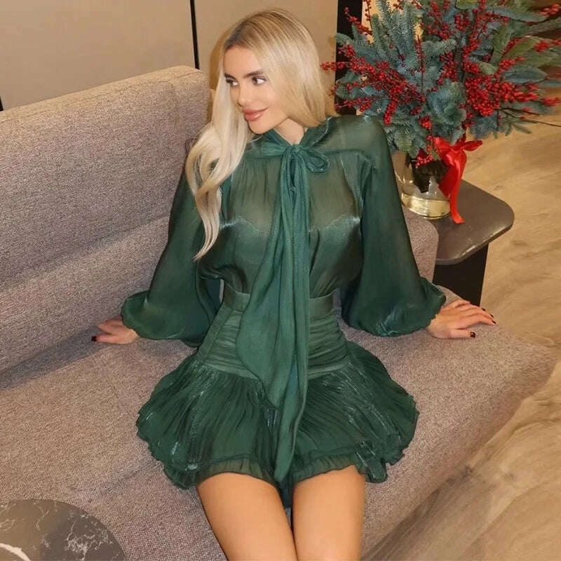 KIMLUD, Chic Bow Top Mini Skirts Sets Women O-neck Long Lantern Sleeve Blouses High Waist Pleated Skirt Spring New in Matching Suit, KIMLUD Womens Clothes