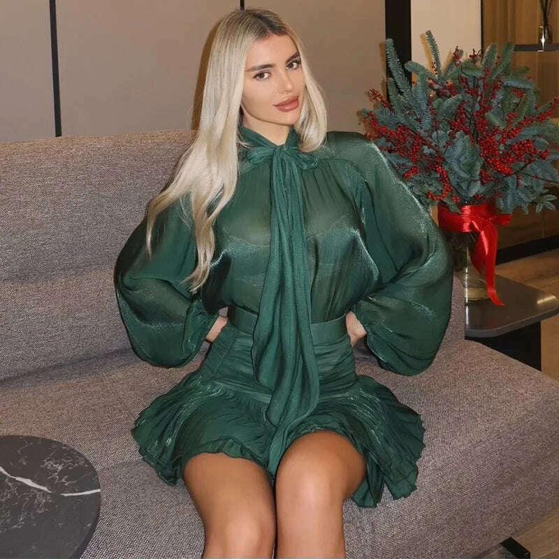 KIMLUD, Chic Bow Top Mini Skirts Sets Women O-neck Long Lantern Sleeve Blouses High Waist Pleated Skirt Spring New in Matching Suit, KIMLUD Womens Clothes