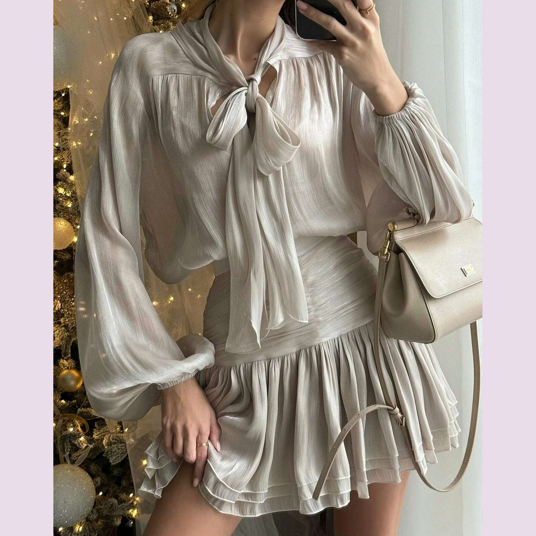 KIMLUD, Chic Bow Top Mini Skirts Sets Women O-neck Long Lantern Sleeve Blouses High Waist Pleated Skirt Spring New in Matching Suit, KIMLUD Womens Clothes