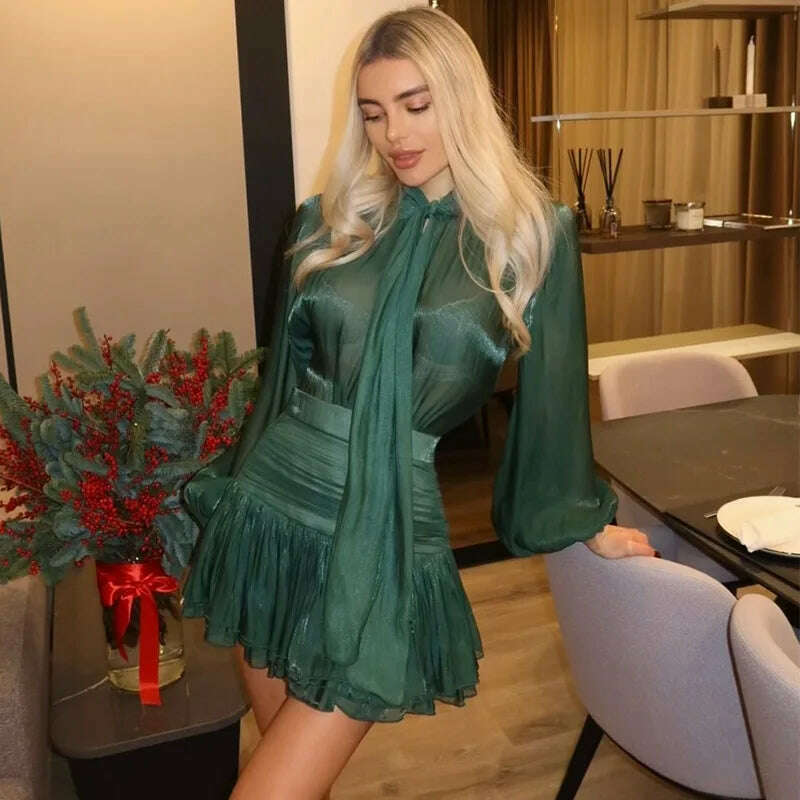 KIMLUD, Chic Bow Top Mini Skirts Sets Women O-neck Long Lantern Sleeve Blouses High Waist Pleated Skirt Spring New in Matching Suit, green / S, KIMLUD APPAREL - Womens Clothes