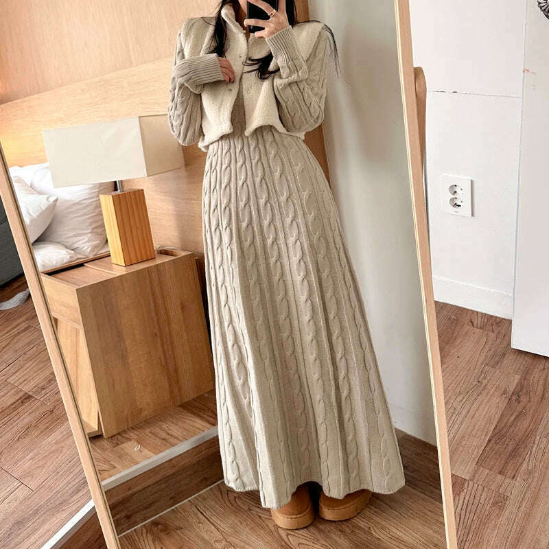 KIMLUD, Chic Korean Autumn Winter Knitted Long Sweater Dress Elegant Women Round Collar Twisted Thick Warm Loose A Line Maxi Vestidos, KIMLUD Womens Clothes