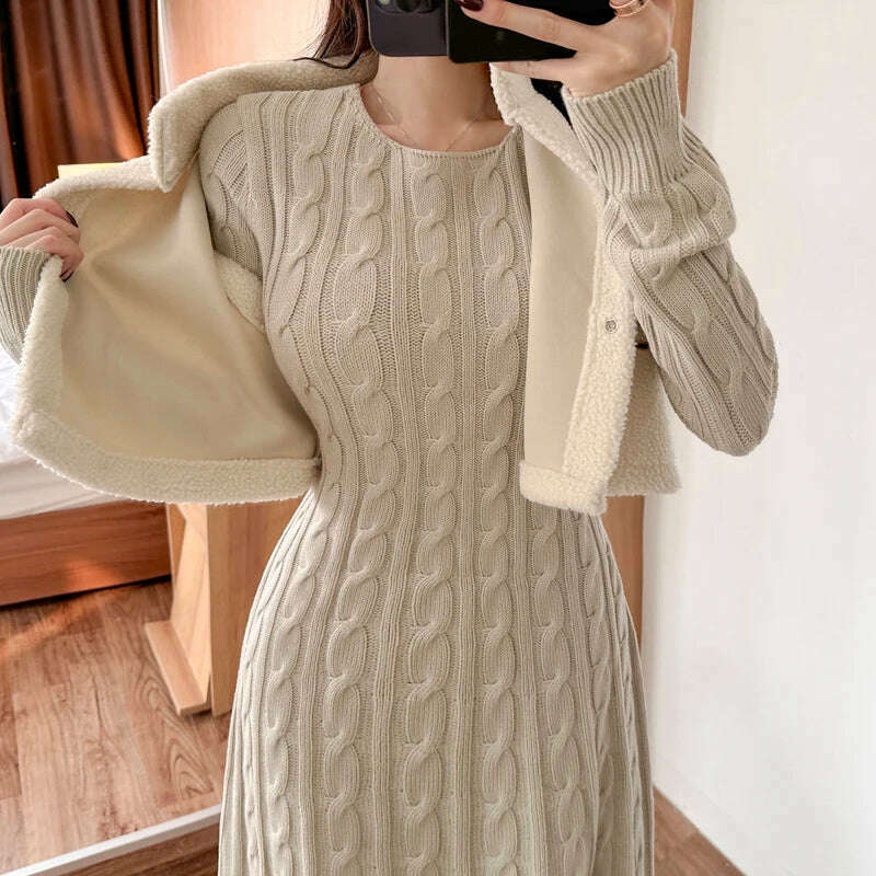 KIMLUD, Chic Korean Autumn Winter Knitted Long Sweater Dress Elegant Women Round Collar Twisted Thick Warm Loose A Line Maxi Vestidos, KIMLUD Womens Clothes