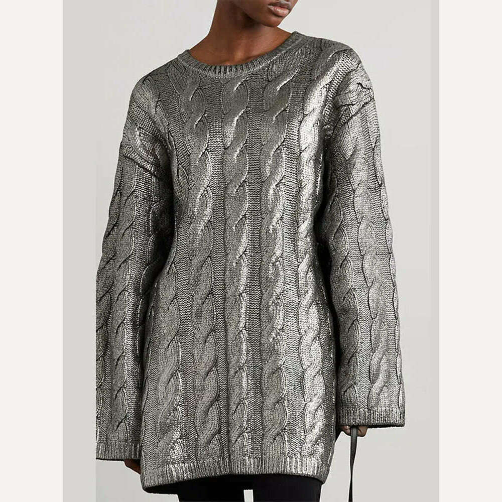 KIMLUD, Chic Twist Fashion Hot Silver Knitted Sweaters Women O Neck Long Sleeve Loose Pullover Sweater Autumn 2023 Midi Streetwear Tops, KIMLUD Womens Clothes