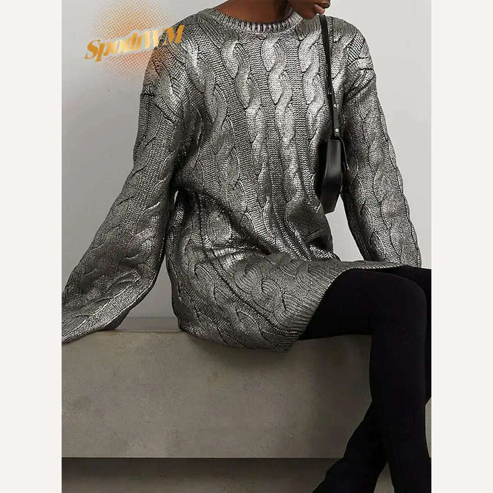 KIMLUD, Chic Twist Fashion Hot Silver Knitted Sweaters Women O Neck Long Sleeve Loose Pullover Sweater Autumn 2023 Midi Streetwear Tops, KIMLUD Womens Clothes
