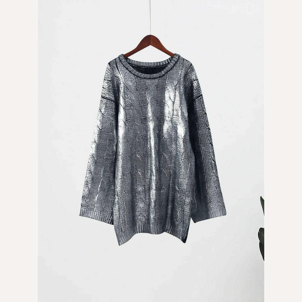 KIMLUD, Chic Twist Fashion Hot Silver Knitted Sweaters Women O Neck Long Sleeve Loose Pullover Sweater Autumn 2023 Midi Streetwear Tops, as pic / S, KIMLUD Womens Clothes