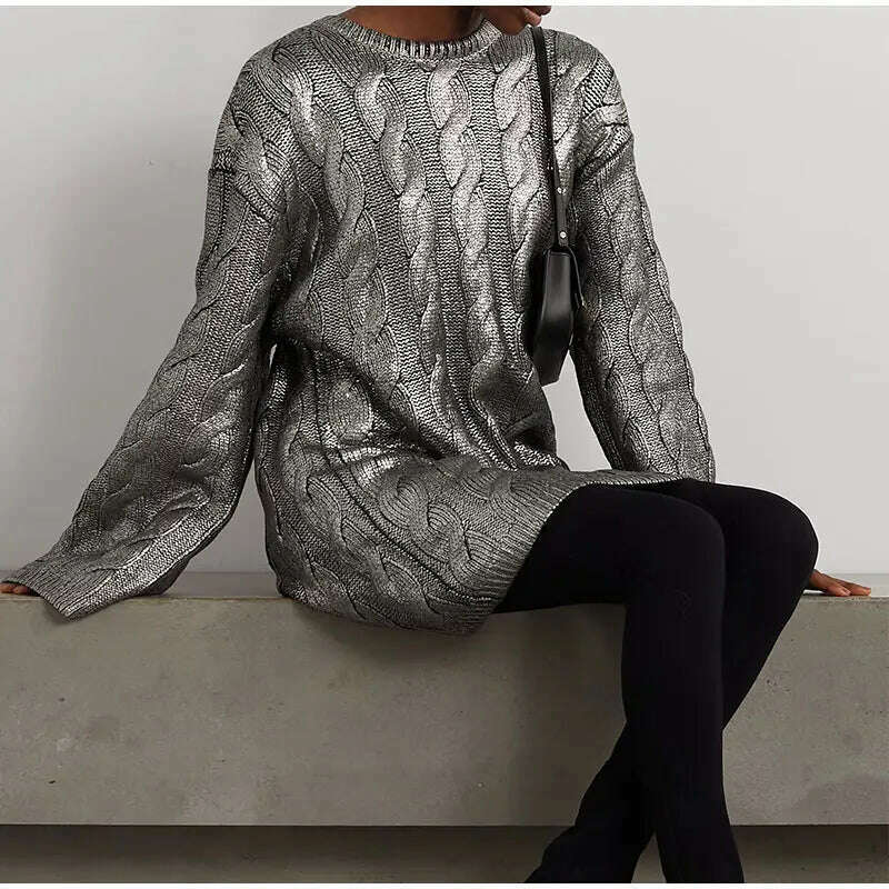 KIMLUD, Chic Twist Fashion Hot Silver Knitted Sweaters Women O Neck Long Sleeve Loose Pullover Sweater Autumn 2023 Midi Streetwear Tops, KIMLUD Womens Clothes
