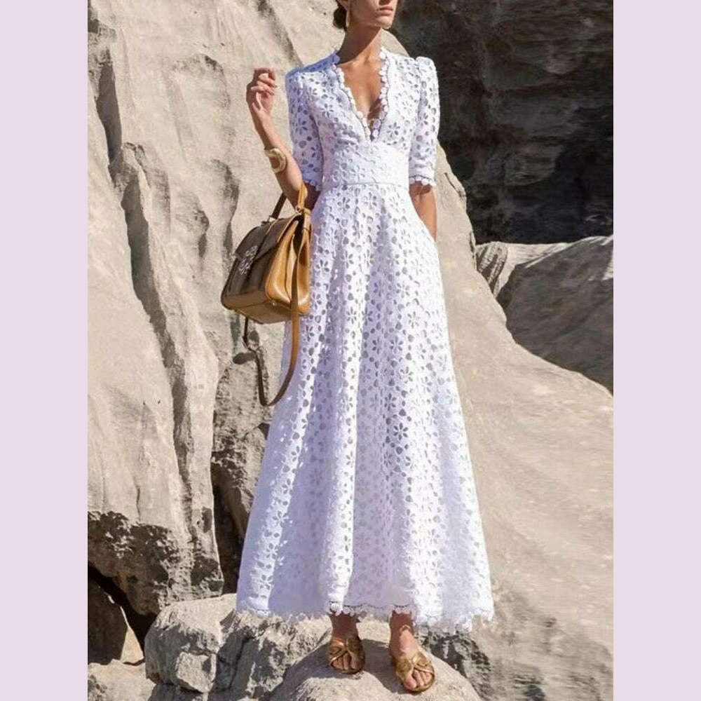 KIMLUD, CHICEVER Elegant Hollow Out Dresses For Women V Neck Half Sleeve High Waist Solid Temperament Slimming A Line Dress Female New, KIMLUD Womens Clothes