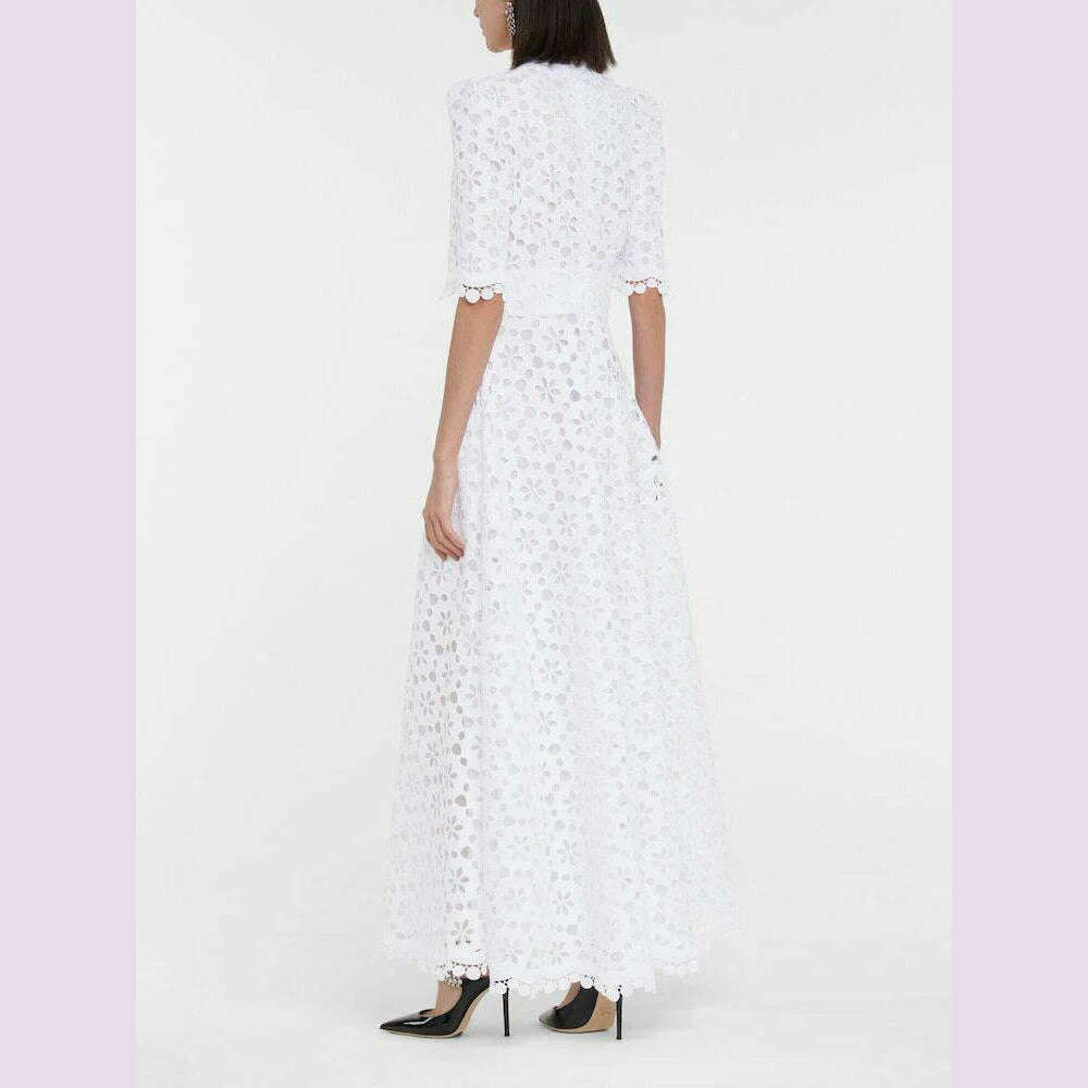 KIMLUD, CHICEVER Elegant Hollow Out Dresses For Women V Neck Half Sleeve High Waist Solid Temperament Slimming A Line Dress Female New, KIMLUD Womens Clothes