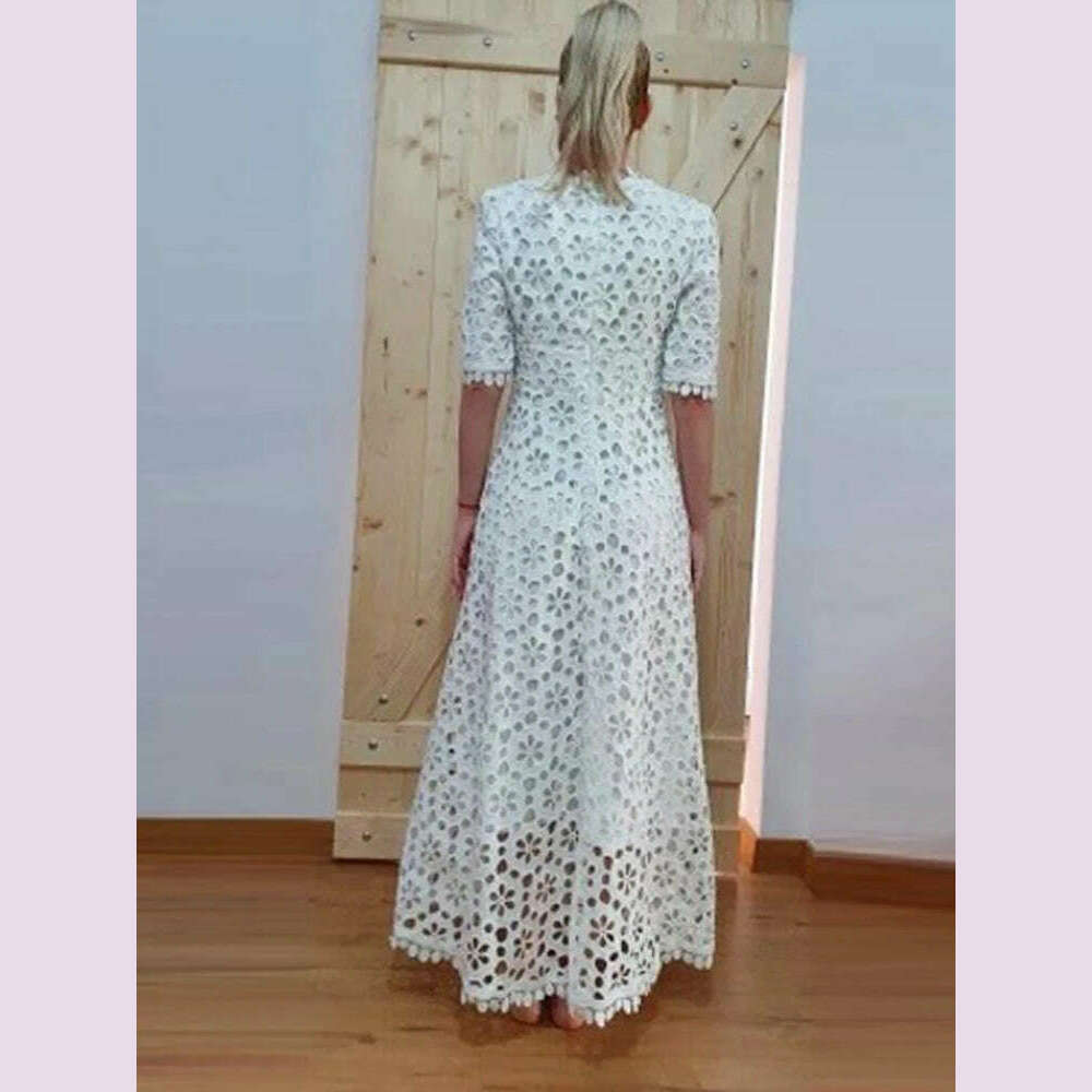 KIMLUD, CHICEVER Elegant Hollow Out Dresses For Women V Neck Half Sleeve High Waist Solid Temperament Slimming A Line Dress Female New, KIMLUD Womens Clothes