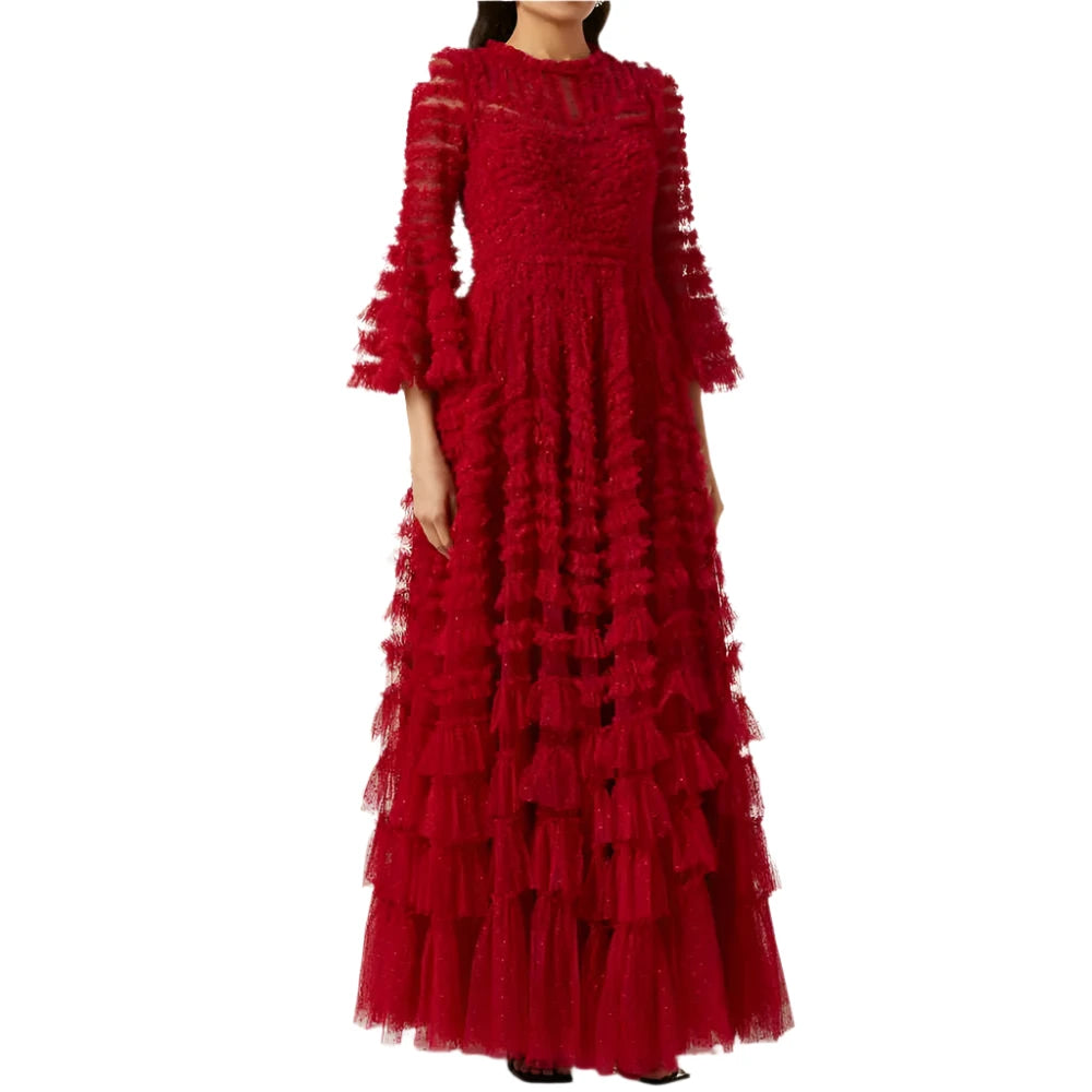 CHICEVER Spliced Patchwork Mesh Dresses For Women Round Neck Flare Sleeve High Waist Autumn Casual Loose A Line Dress Female New - KIMLUD