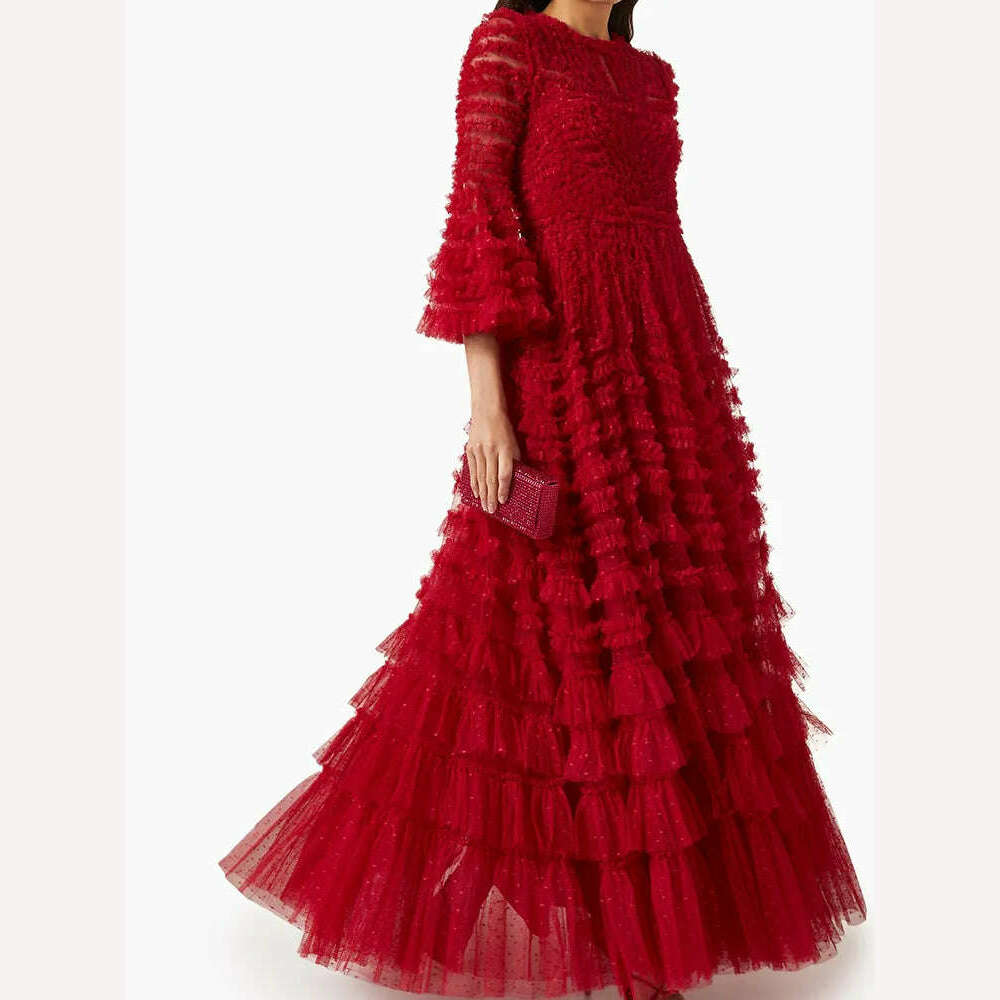 CHICEVER Spliced Patchwork Mesh Dresses For Women Round Neck Flare Sleeve High Waist Autumn Casual Loose A Line Dress Female New - KIMLUD