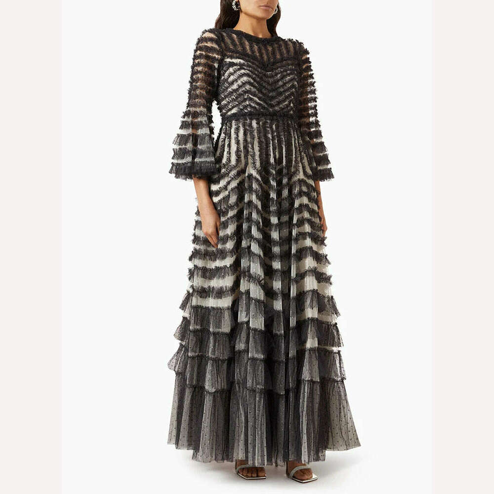 CHICEVER Spliced Patchwork Mesh Dresses For Women Round Neck Flare Sleeve High Waist Autumn Casual Loose A Line Dress Female New - KIMLUD