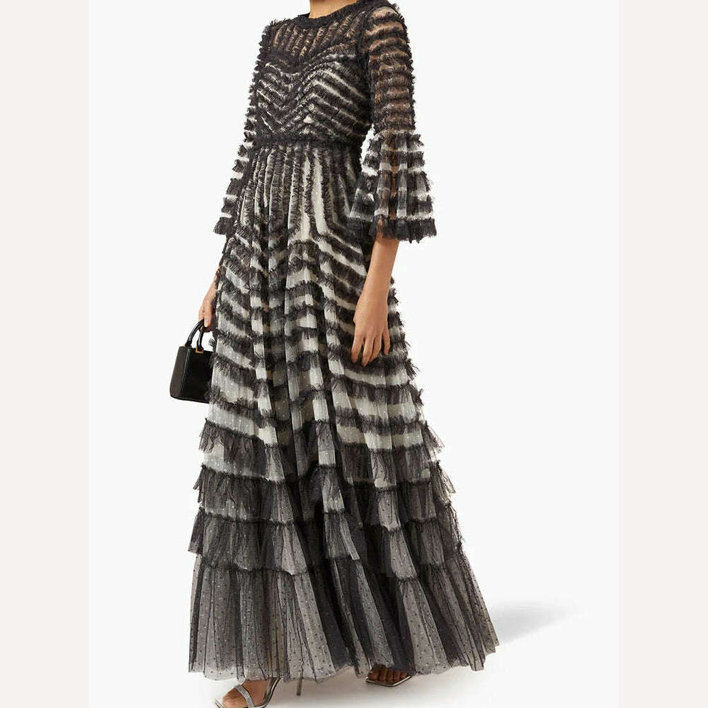 CHICEVER Spliced Patchwork Mesh Dresses For Women Round Neck Flare Sleeve High Waist Autumn Casual Loose A Line Dress Female New - KIMLUD