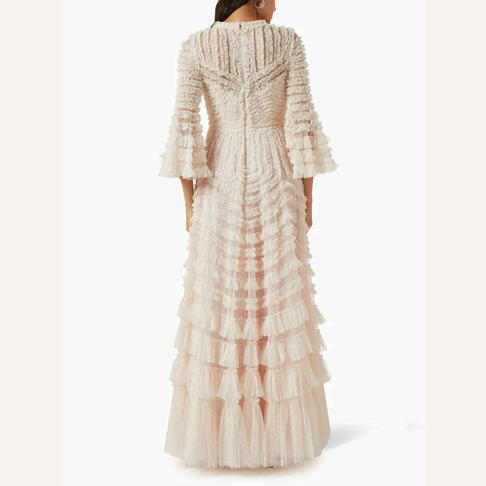 CHICEVER Spliced Patchwork Mesh Dresses For Women Round Neck Flare Sleeve High Waist Autumn Casual Loose A Line Dress Female New - KIMLUD