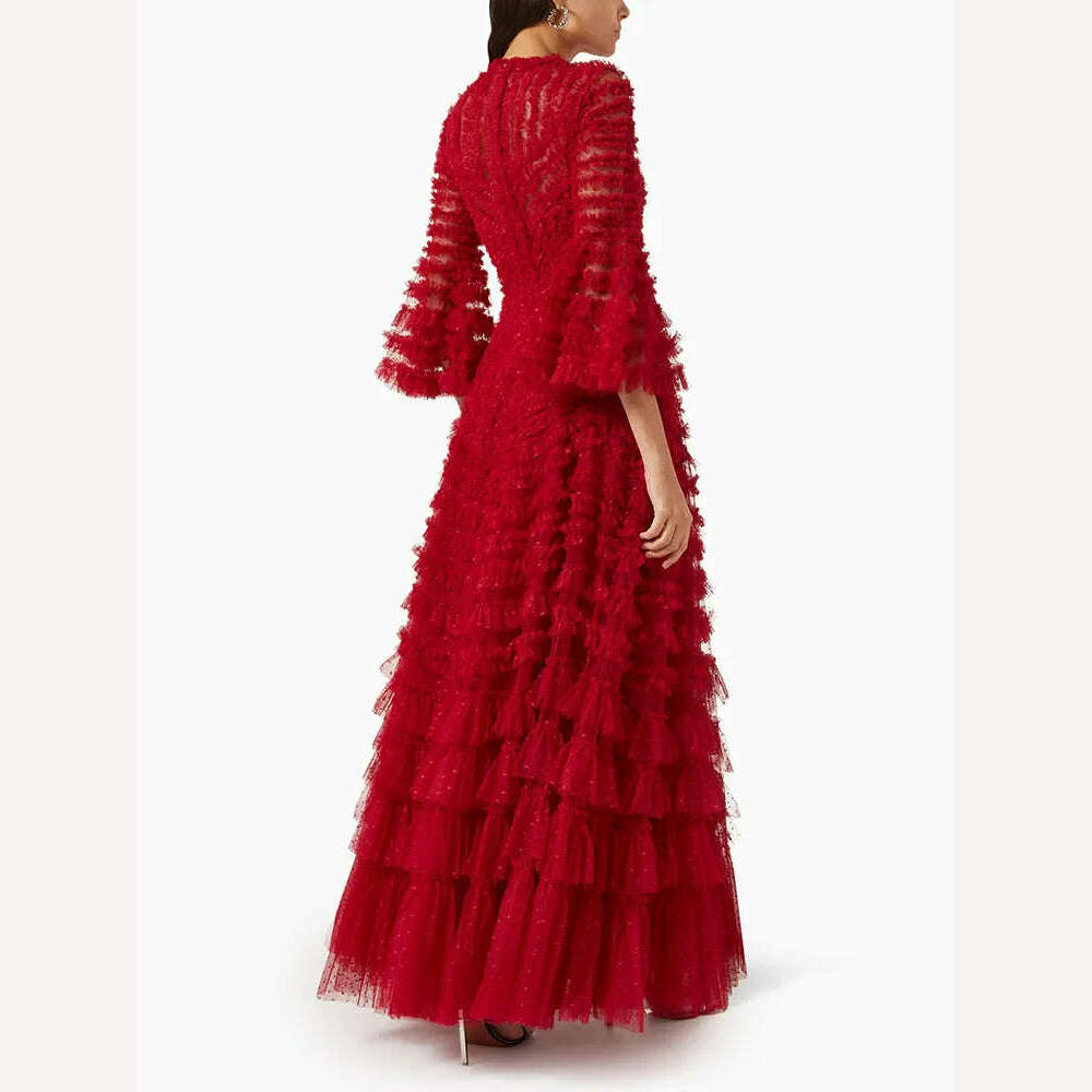 CHICEVER Spliced Patchwork Mesh Dresses For Women Round Neck Flare Sleeve High Waist Autumn Casual Loose A Line Dress Female New - KIMLUD