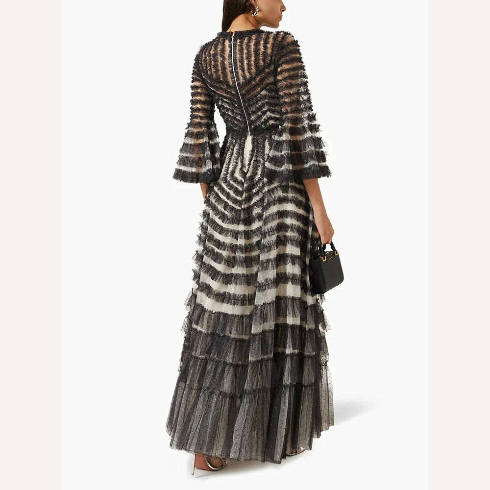 CHICEVER Spliced Patchwork Mesh Dresses For Women Round Neck Flare Sleeve High Waist Autumn Casual Loose A Line Dress Female New - KIMLUD