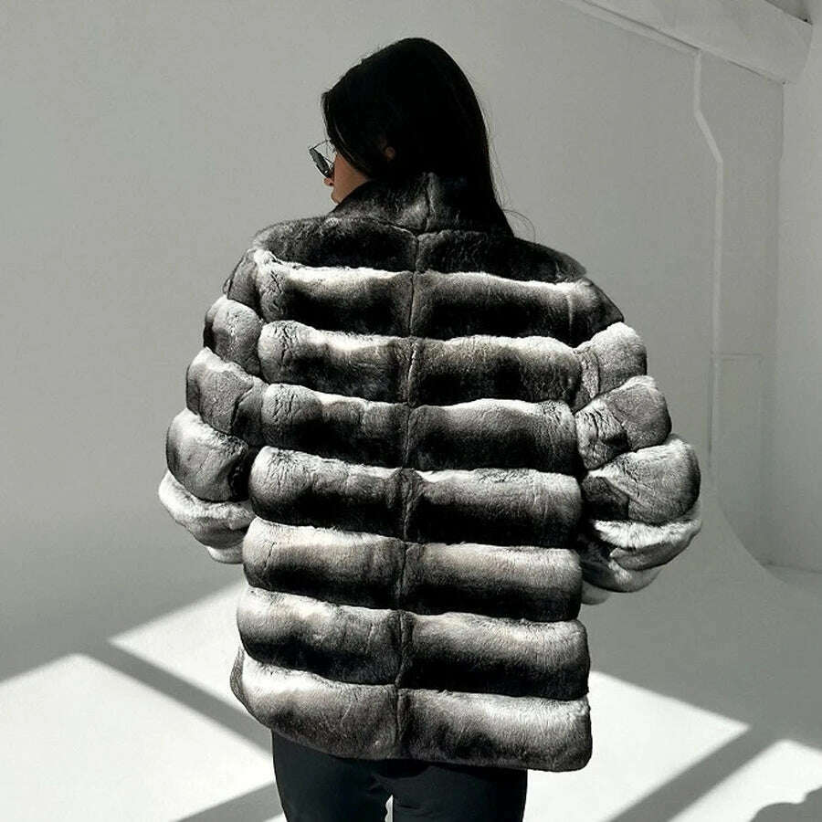 KIMLUD, Chinchilla Fur Coats Real Rex Rabbit Fur Jacket With Stand Collar Short Fur Coat Women Warm Winter Outerwear, KIMLUD Womens Clothes