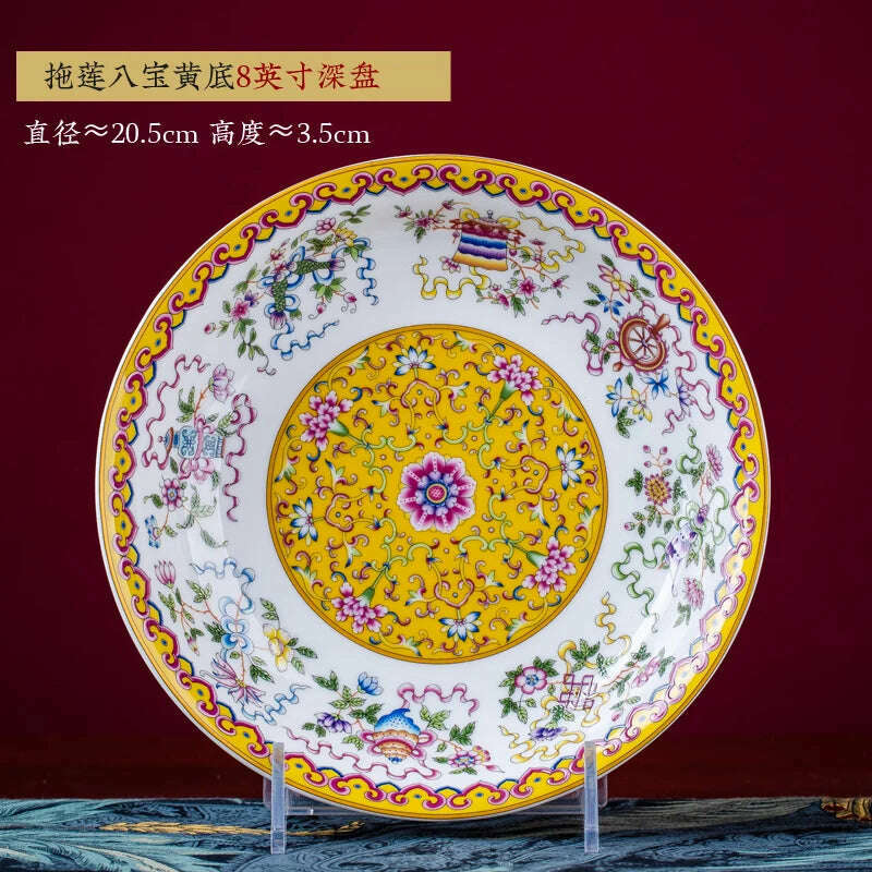 KIMLUD, Chinese Classical Enamel Ceramic Plate Antique Modern Bone China Deep Dishes Steak Pasta Dinner Plates Restaurant Serving Tray, J-20.5x3.5cm, KIMLUD Womens Clothes
