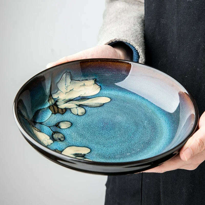 Chinese-style ceramic deep plate household salad plate disc personality plate creative old-fashioned hand-painted tableware - KIMLUD