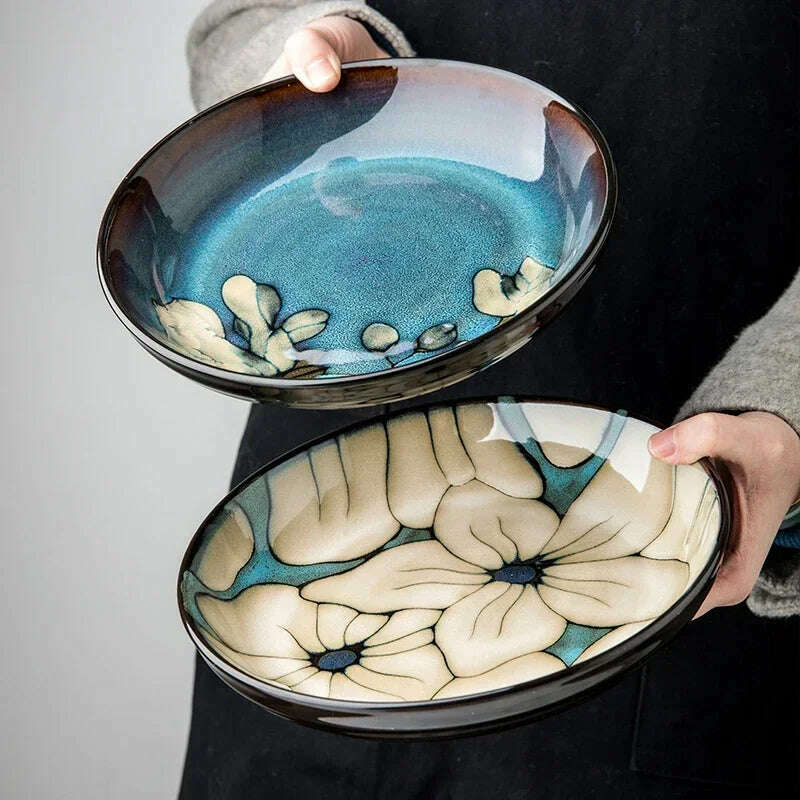 Chinese-style ceramic deep plate household salad plate disc personality plate creative old-fashioned hand-painted tableware - KIMLUD