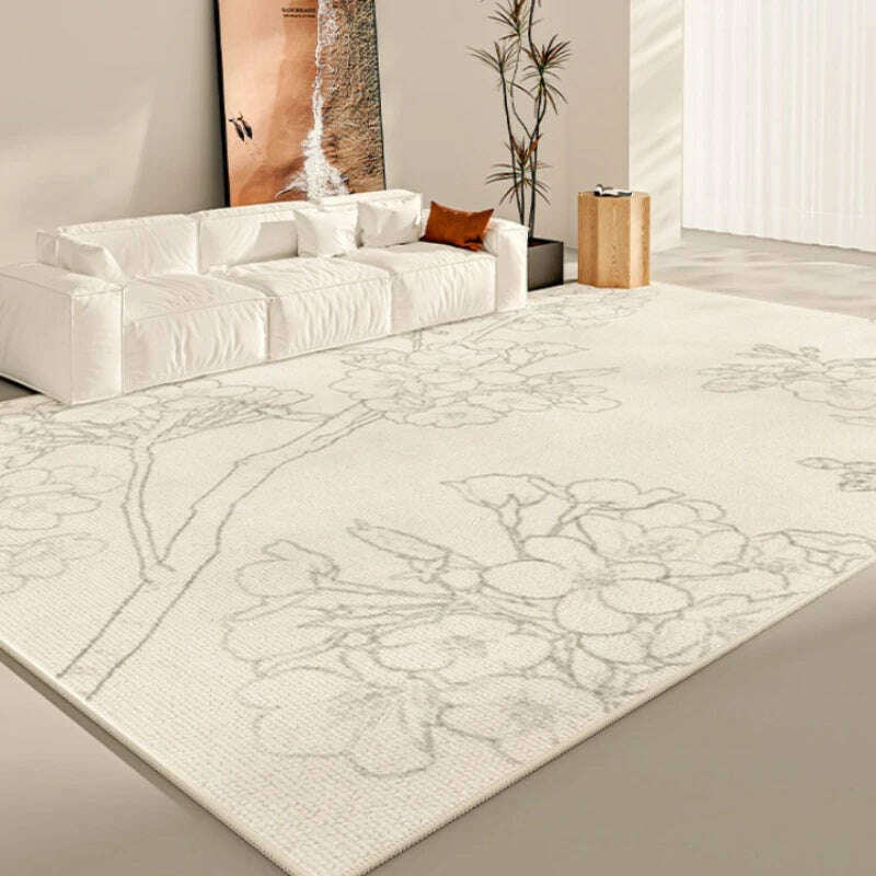 KIMLUD, Chinese Style Living Room Large Area Carpets Flower Pattern Bedroom Bedside Carpet White Cloakroom Rugs Black Line Balcony Rug, KIMLUD Womens Clothes