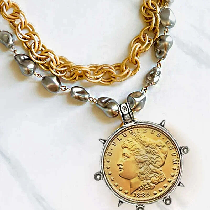 Choker Necklace - Coin Charm Pendant - Cubic Zirconia - Grey | KIMLUD