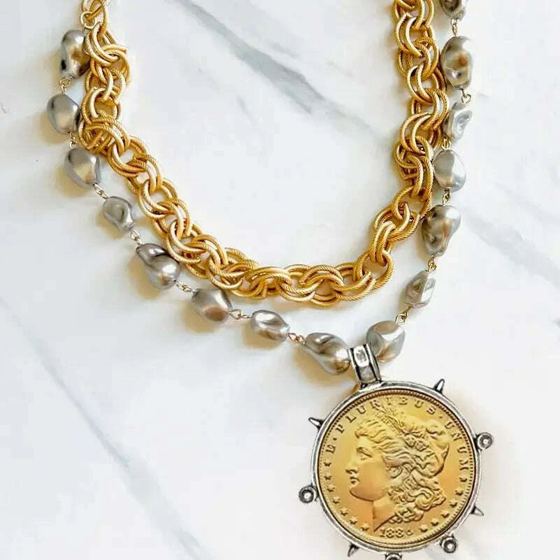 Choker Necklace - Coin Charm Pendant - Cubic Zirconia - Grey | KIMLUD