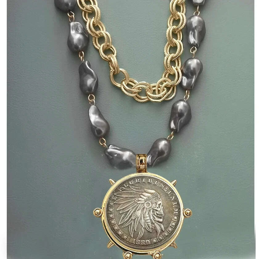 Choker Necklace - Coin Charm Pendant - Cubic Zirconia - Grey | KIMLUD