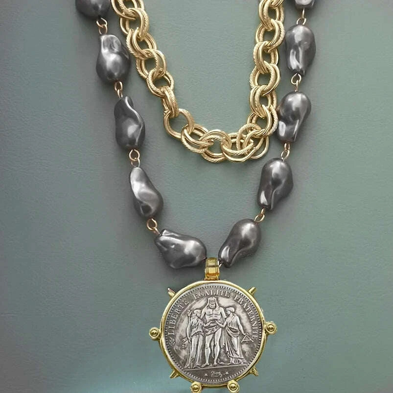 Choker Necklace - Coin Charm Pendant - Cubic Zirconia - Grey | KIMLUD