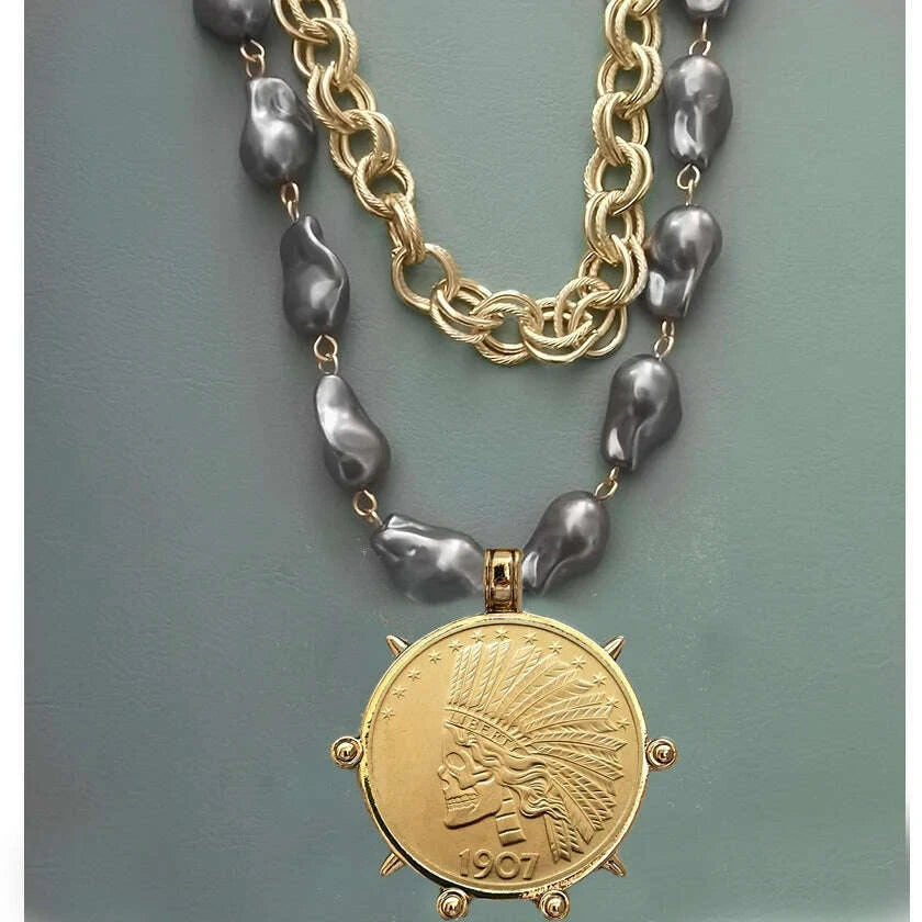 Choker Necklace - Coin Charm Pendant - Cubic Zirconia - Grey | KIMLUD