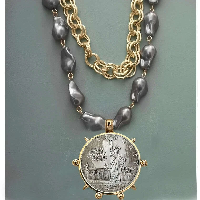 Choker Necklace - Coin Charm Pendant - Cubic Zirconia - Grey | KIMLUD