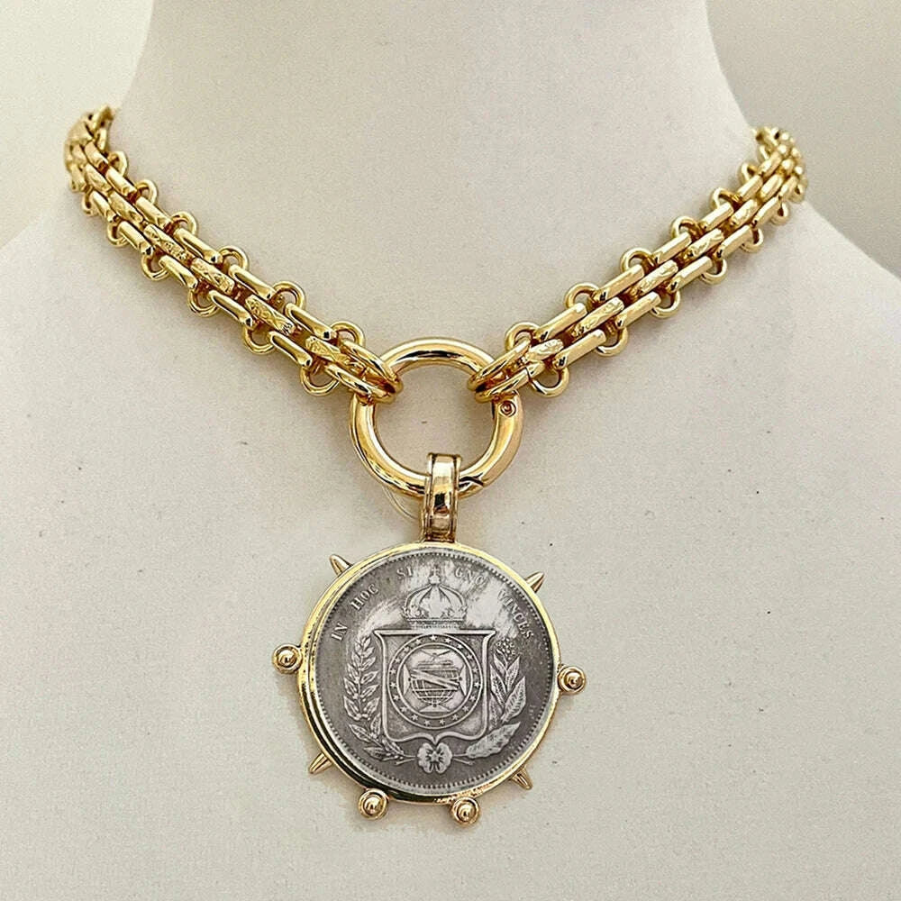 Choker Necklace - Coin Charm Pendant - Cubic Zirconia - Grey | KIMLUD