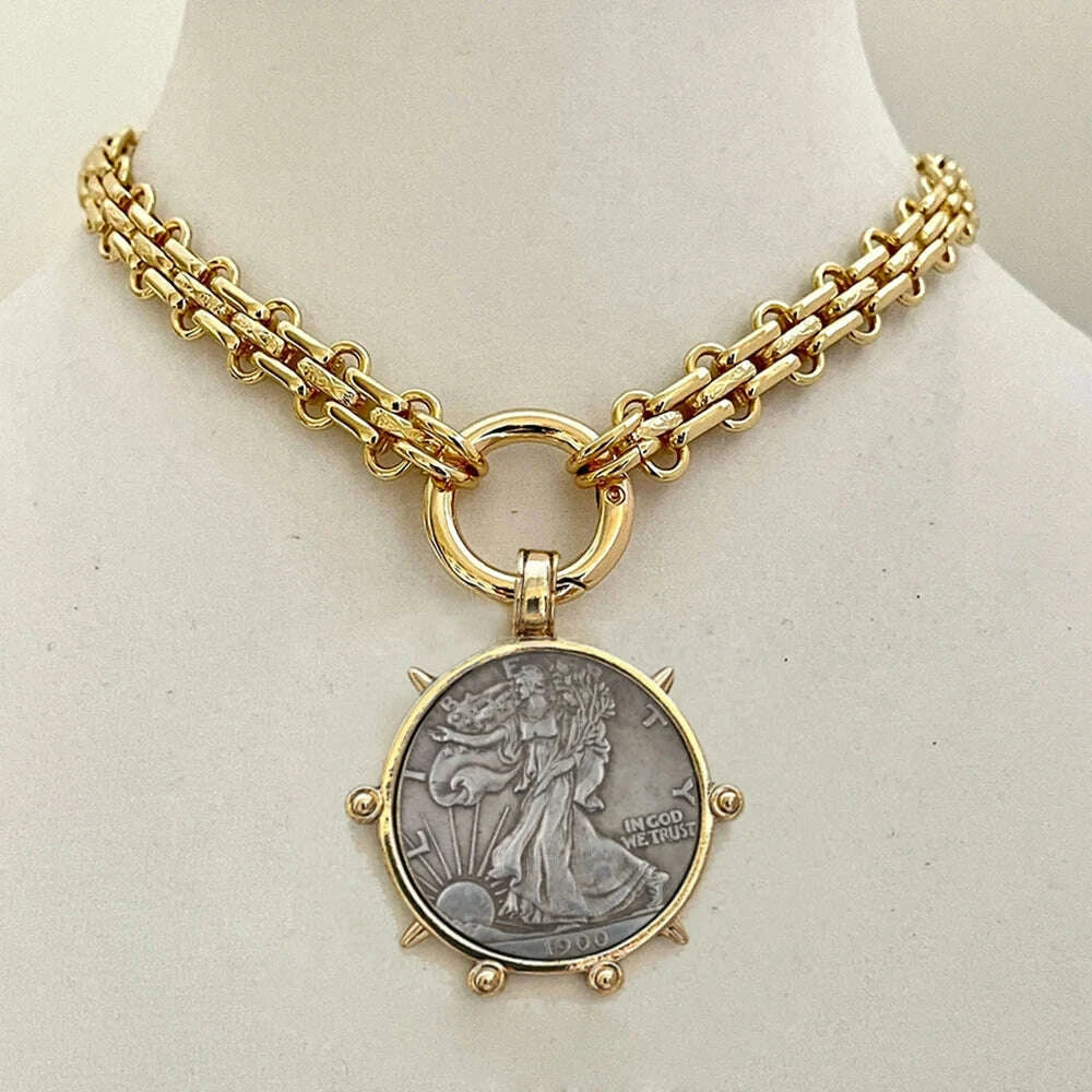 Choker Necklace - Coin Charm Pendant - Cubic Zirconia - Grey | KIMLUD