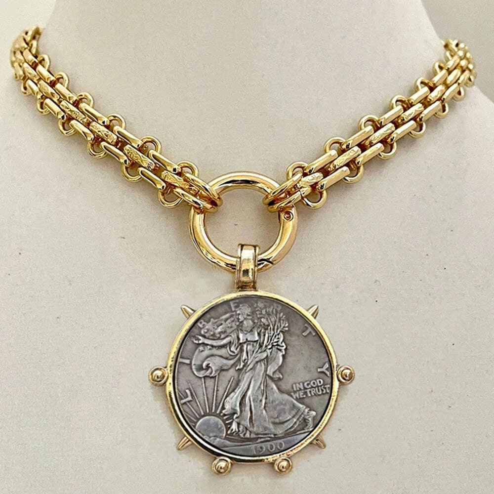 Choker Necklace - Coin Charm Pendant - Cubic Zirconia - Grey | KIMLUD