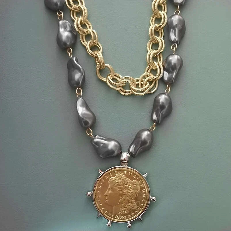 Choker Necklace - Coin Charm Pendant - Cubic Zirconia - Grey | KIMLUD