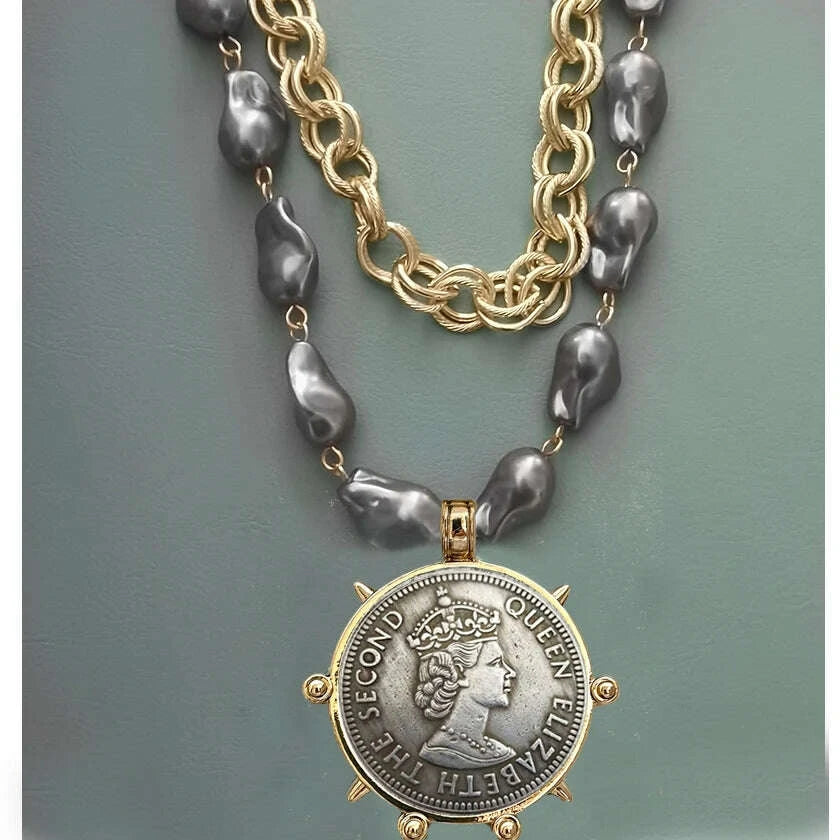 Choker Necklace - Coin Charm Pendant - Cubic Zirconia - Grey | KIMLUD