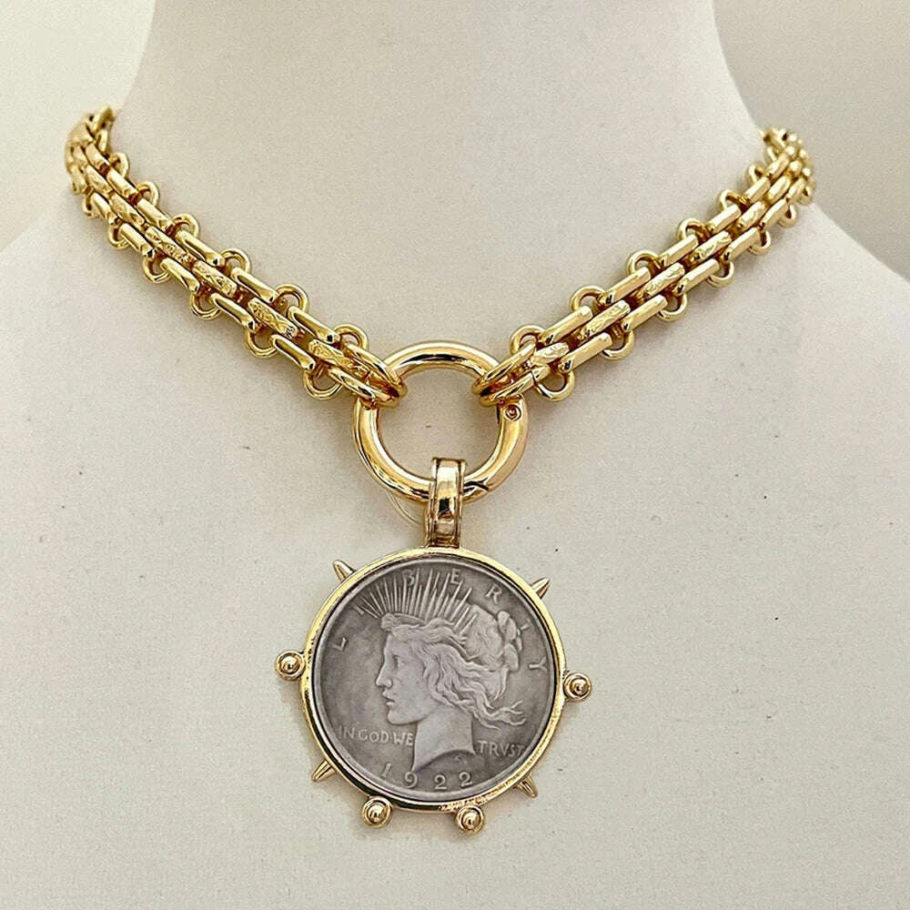 Choker Necklace - Coin Charm Pendant - Cubic Zirconia - Grey | KIMLUD