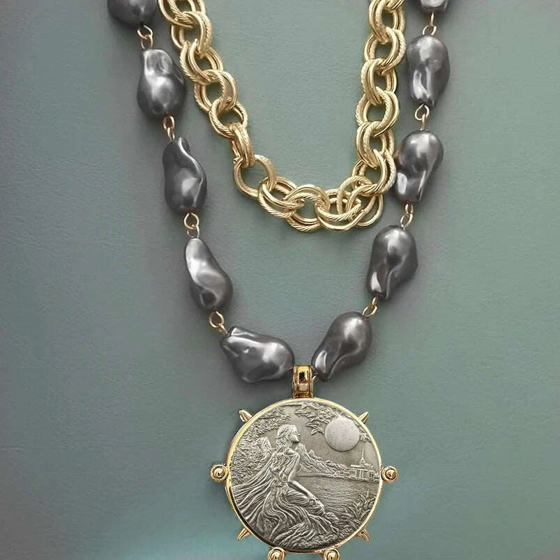 Choker Necklace - Coin Charm Pendant - Cubic Zirconia - Grey | KIMLUD